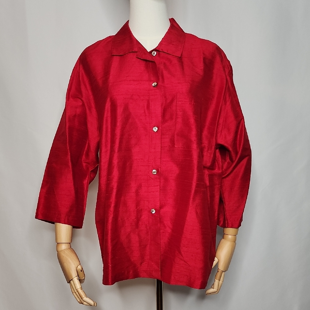 Gerties Silk Elegant Red Button Down Shirt Size Small